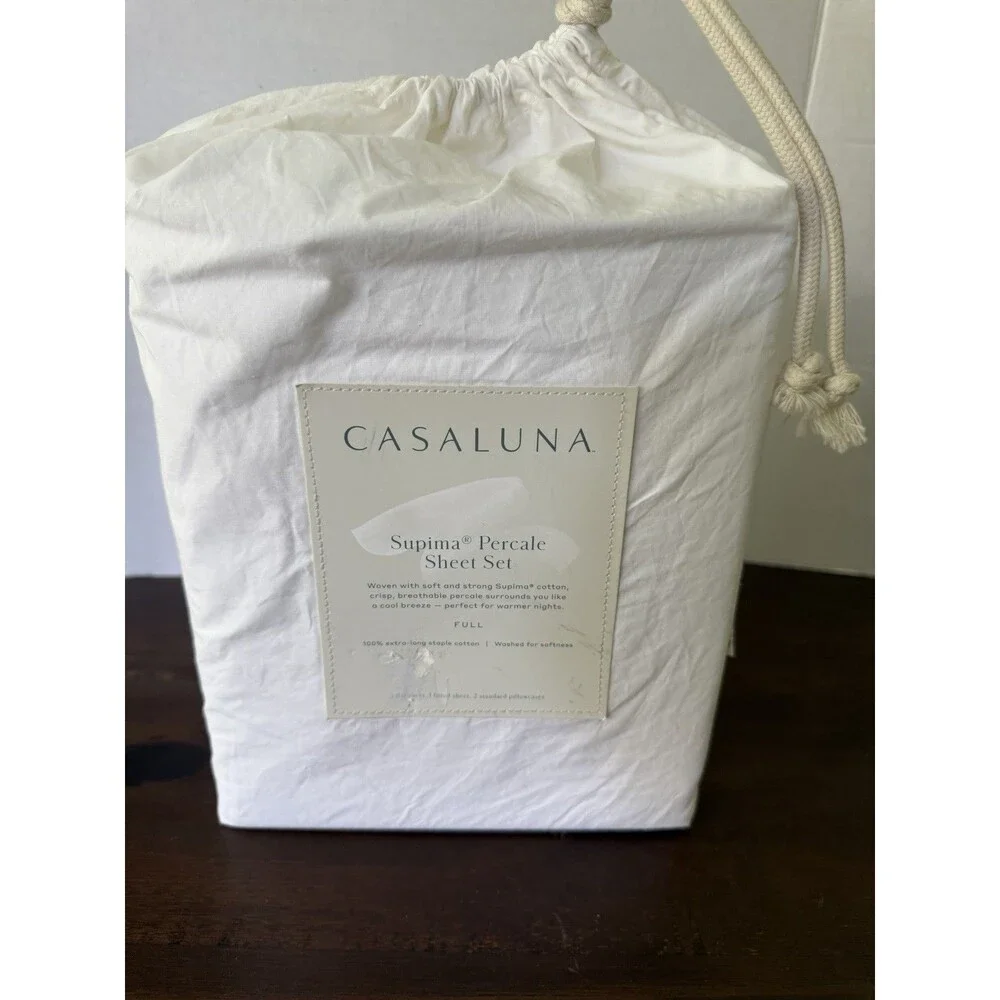 Casaluna Full Size Washed Supima Cotton Percale Solid Natural 4 Pc Sheet Set NEW